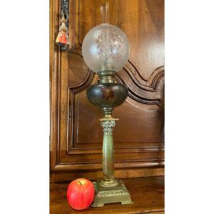 Very Large Oil Lamp, Onyx, Bronze And Enamelled Glass End Of The XIX Eme Century