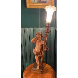 Putto Lamp In Chagrin In Carved Wood, 1st Half Of The XX Eme Century