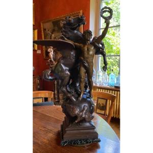 The Immortal Triumph, Pegasus And A Victorious Athlete, Large Bronze Signed From The End Of The XIX Eme