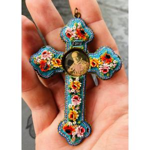 Cross In Micro Mosaic Glass, Souvenir Of Rome And The Vatican Circa 1930