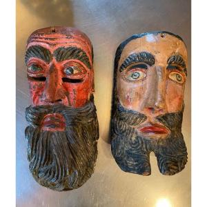 Popular Art From Mexico Or Guatemala, Two Conquistador Masks Early 20th Century