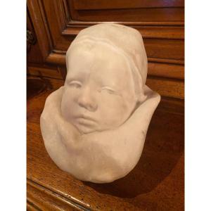 Adorable Infant Head After Jean Carriès In White Marble