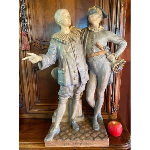 Rare Polychrome Sandstone From Muller, Signed, Pierrot And Harlequin Art Deco