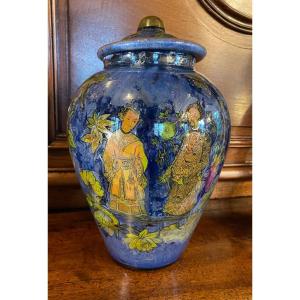 Rare Potichomania Pagoda Vase With Midnight Blue Background 19th Century