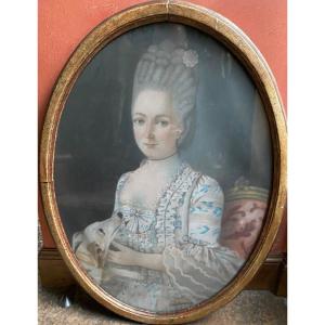 Very Large Pastel XVIII Eme, Quality Lady And Her Dog