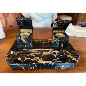 Rare Art Deco Inkwell In Portor Marble 1930
