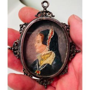 Profil En Cire Polychrome De Marie Tudor , Beau Pendentif En Argent