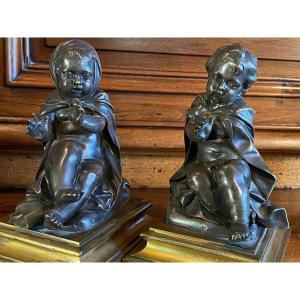 Allegory Of Winter, Adorable Pair Of Bronze Children Early 19th Century 