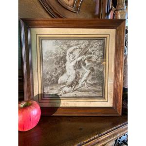 Beautiful Sepia Drawing Dating From The End Of The 18th Century, Two Putti Tying A Satyr.