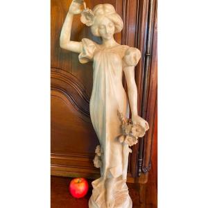 Elegant Art Nouveau Flower Woman, Signed Alabaster 1900