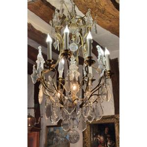 Important Bronze Cage Chandelier With Glass And Crystal Tassels, Late 19th Century 