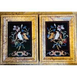Large Pair Of Marble Marquetry Paintings: Birds, 19th Century