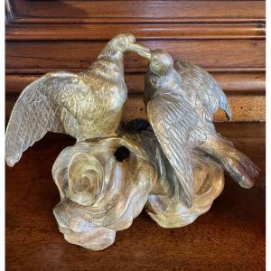 Lovebirds In Love, Large 19th Century Bronze Clockwork 