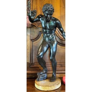 Large Bronze Faun With Cymbals, Green Excavated Patina.