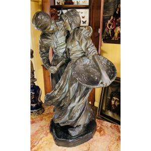 The Lovers, Very Large Terracotta From The Early 20th Century Signed P.roy