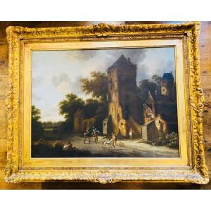 The Stop At The Inn Of The Grande Tour, Large Dutch Oil On Canvas, Early 18th Century