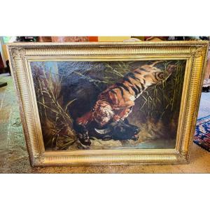 Buffalo Attacked By A Tiger, Imposing Naturalist Painting From The 19th Century 