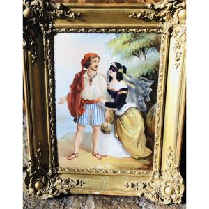 Large 19th Century Porcelain Painting: Sailor And Woman With A Mask 