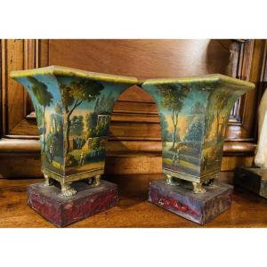 Pair Of Romantic Vases In Painted Sheet Metal From The 19th Century