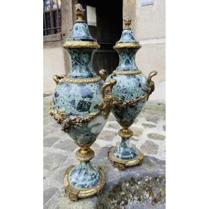 Large Pair Of Vases Mounted In Sea Green Marble, Napoleon III
