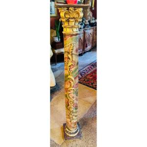 Large 18th Century Baroque Column, Painted In Faux Marble And Gilded Wood