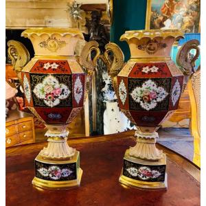 Pair Of Colored Vases Attributed To Jacob Petit, 19th Century 