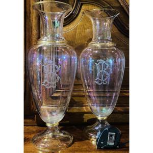Large Pair Of Charles X Vases, Iridescent And Monogrammed