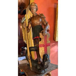 Saint George Slaying The Dragon, 18th Century Polychrome Carved Wood 