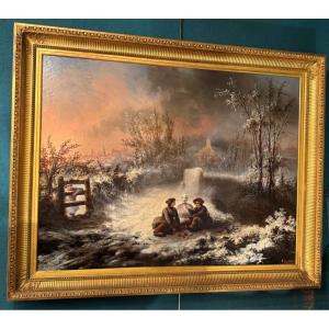 Children's Games In The Snow, 19th Century Oil On Canvas