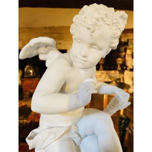 Large Biscuit Representing Cupid, Signed Eutrope Bouret, On Bronze Base