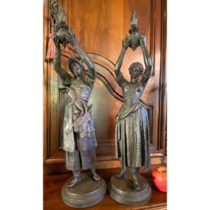 Turquerie, Pair Of Turkish Torchbearers In Regulus From The Napoleon III Period
