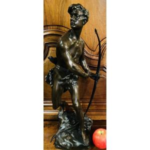 Expressive And Naturalistic Bronze Of A Hunter With A Bow, Signed Gauquier, 19th Century