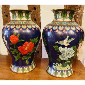 Important Pair Of Cloisonné Peony Vases, China, Early 20th Century