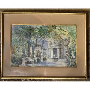 Rome, The Gardens Of The Villa Borghese Gouaches On Paper Late 19th Century