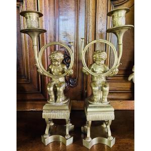 Putti With Hunting Horns, Bronze Candlesticks, Late 19th Century