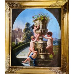 Oil On Canvas, Italian Caprice With Three Putti, Signed And Dated 1866