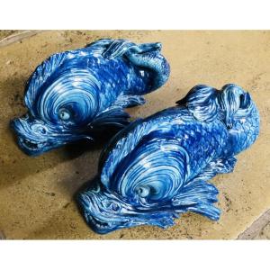 Pair Of 19th Century Blue Earthenware Dolphins