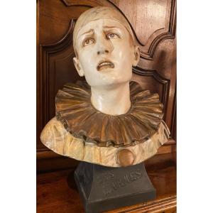 The Tears, Large Polychrome Plaster Bust Of Pierrot