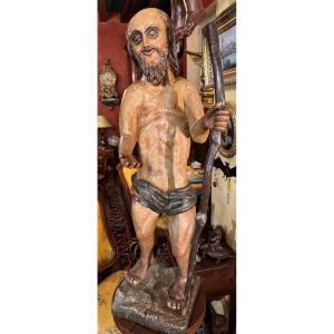 Large Polychrome Statue From The 18th Century, Probably Of Saint Onuphrius