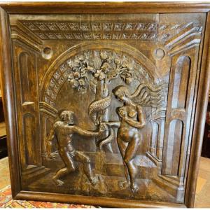 Adam And Eve, Large Walnut Panel In Renaissance Style, Late 17th Century