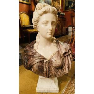 Large Marble Bust Of A Woman, Husband Of Napoleon III, In The Style Of The 18th Century.