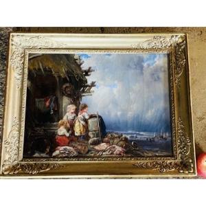 Oil On Canvas, Young Girls By The Sea, 19th Century 