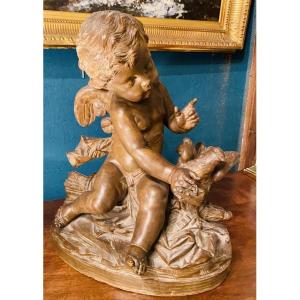 Love, Terracotta Cupid, Eros, Love With A Dove, 19th Century