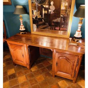 Large Flat Desk With Drawers In Burgundy Walnut, 18th Century