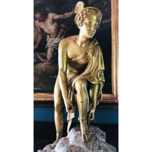 Hermes Or Mercury Fastening His Sandal, Bronze From The Grand Tour, 19th Century