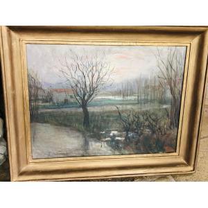 Winter, Port Lafarge 1932, Winter Landscape, Mixed Media