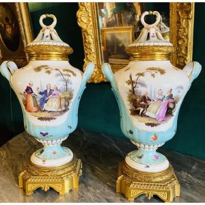 Large Pair Of Potpourri Jars Decorated With Gallant Scenes