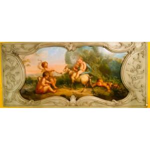 Important Bacchanal Scene With Putti, 19th Century Wood Paneling Painting