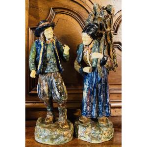 Two Breton Peasants In Earthenware By Achille Blot, Circa 1905, Desvres