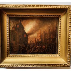 Scene Of Looting And Burning Of A City At Night, Oil On Canvas From The Late 18th Century